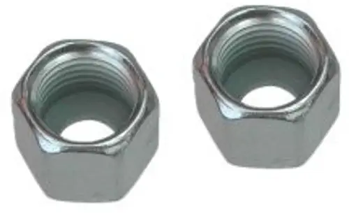 Zwei Überwurfmuttern aus Metall mit Innengewinde. Die Muttern sind hexagonal und glänzend, mit einer mechanischen Struktur, die typischerweise in Bosch-Produkten verwendet wird.